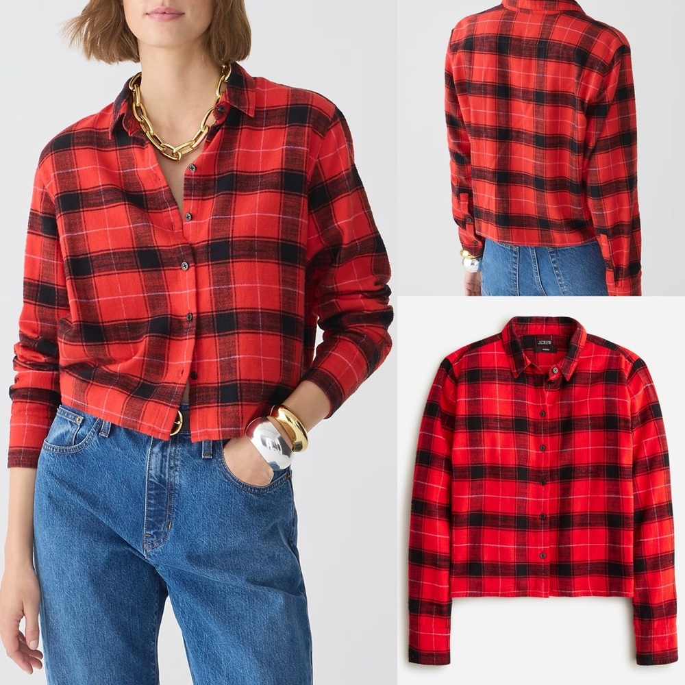 J. Crew Cropped Garçon Shirt in Plaid Flannel Red Sz 6